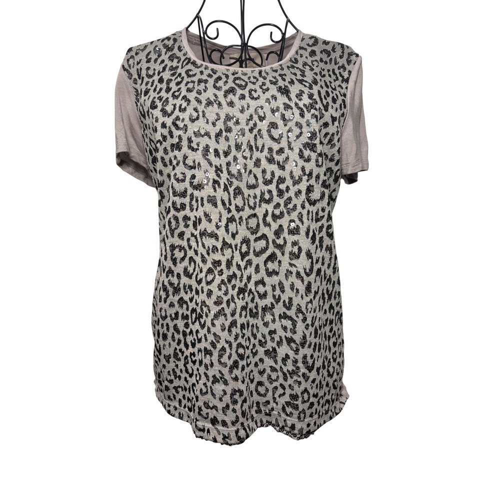 Loft Womens Sequin Leopard Print Short Sleeve Top Size M